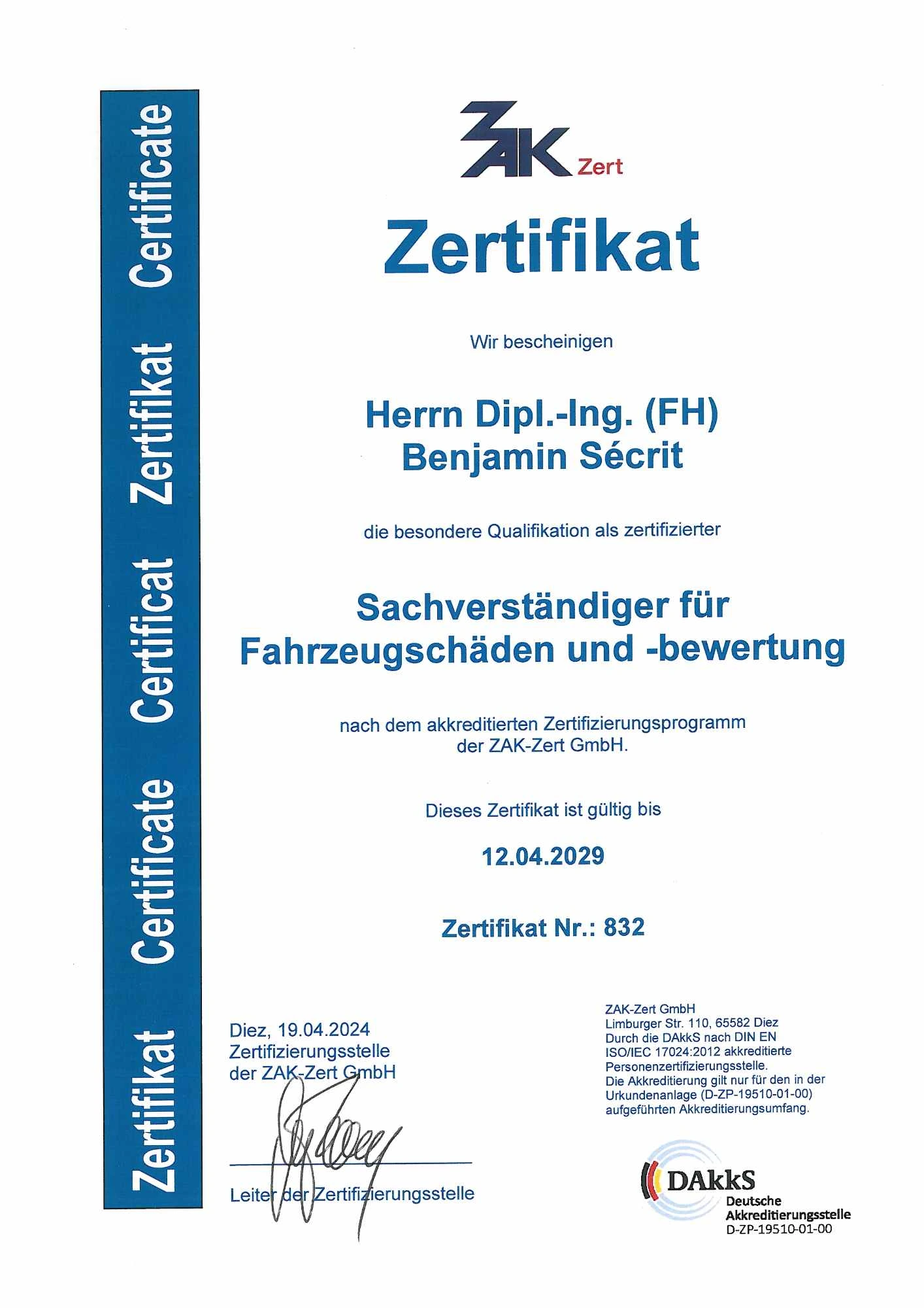 ZAK-Zert Zertifizierung Nr. 832 – Kfz-Sachverständigenbüro Sécrit