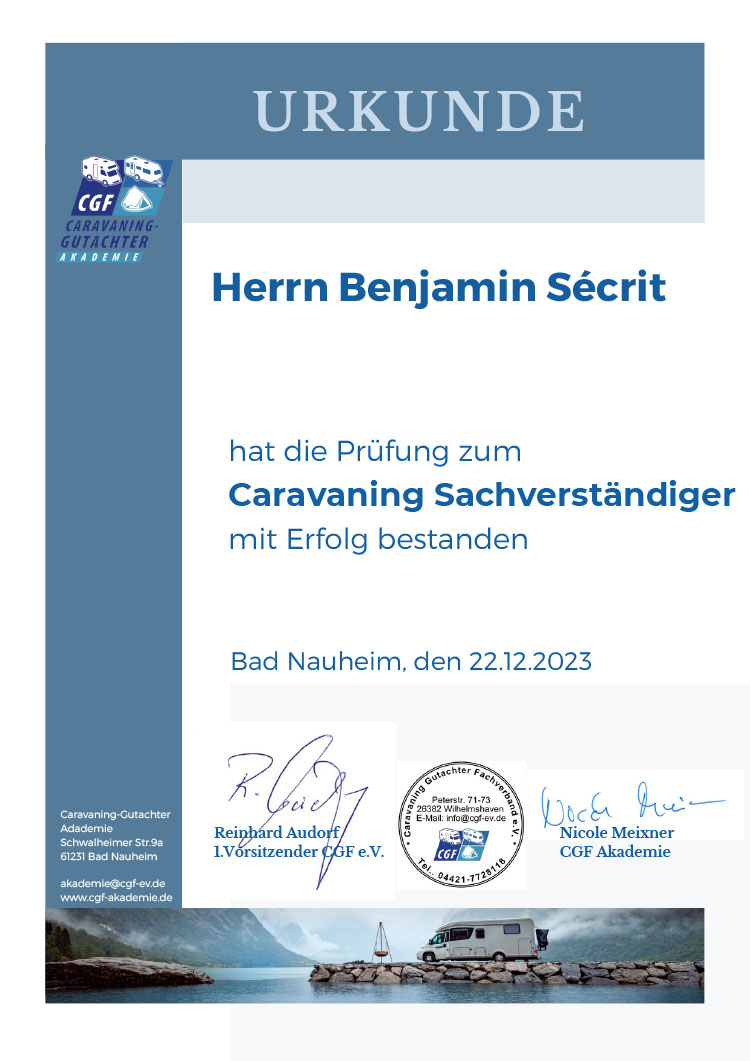 Geprüfter Caravaning-Sachverständiger – Urkunde der Caravaning Gutachter Akademie für Benjamin Sécrit